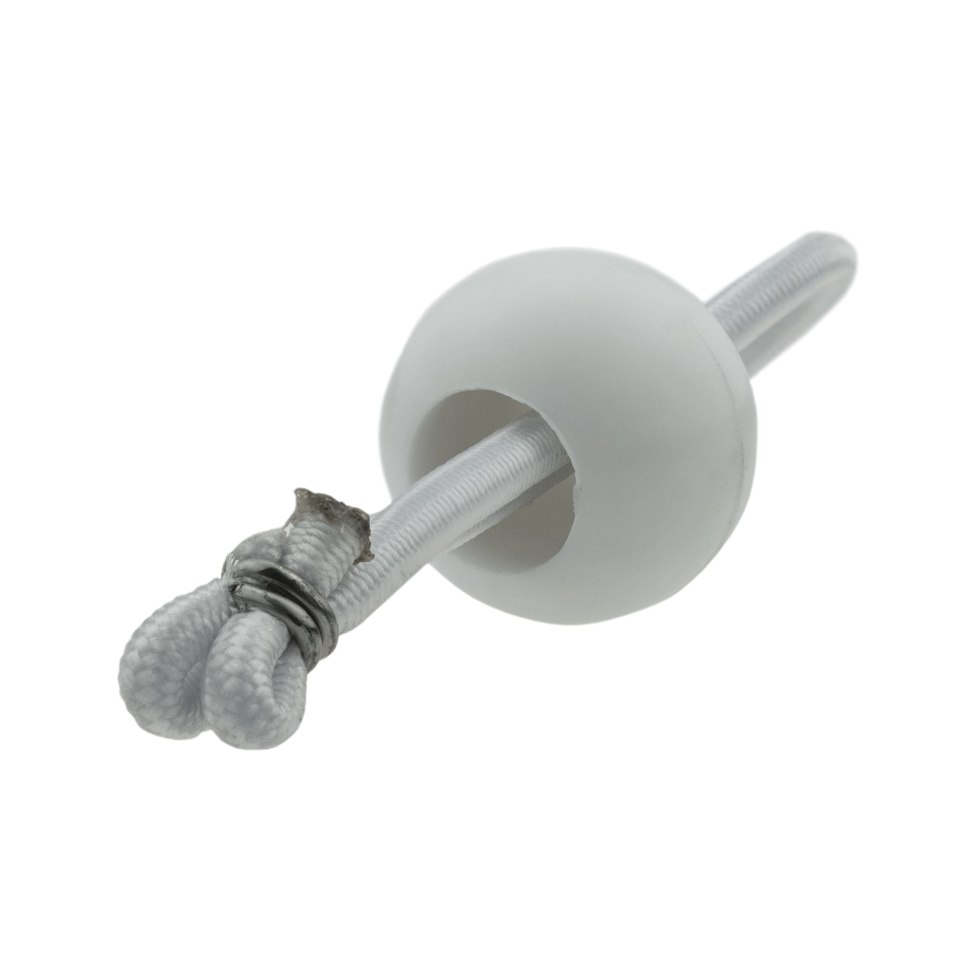 White bungee ball with looped elastic cord and stitched fabric end