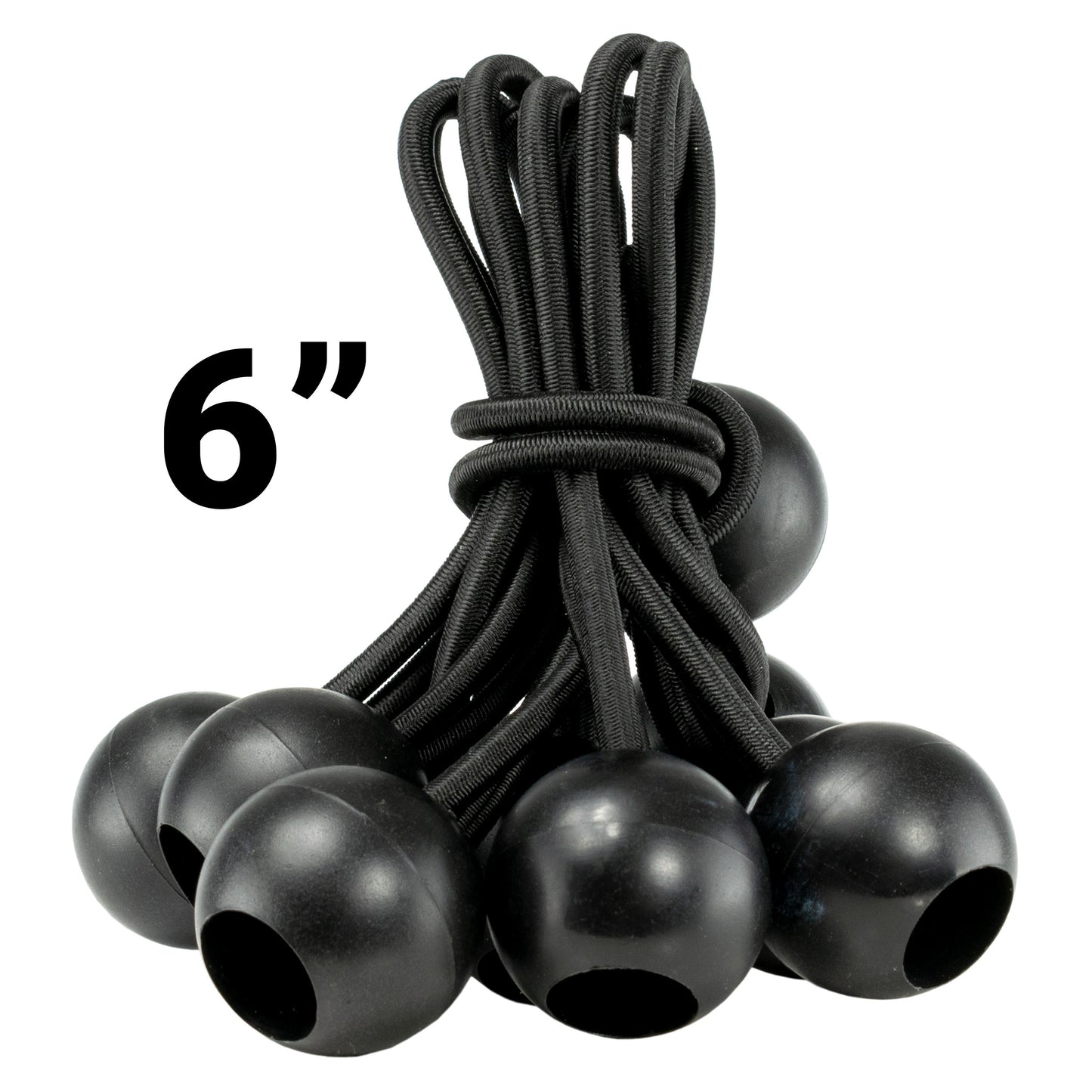 Black bungee balls set with elastic cords, bundled together (6" size)