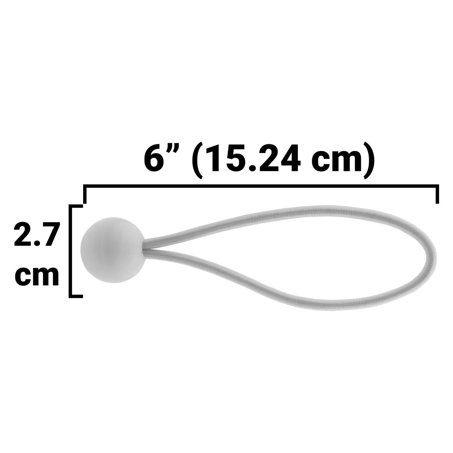 Bungee cord with 6" overall length; 2.7 cm ball size diagram