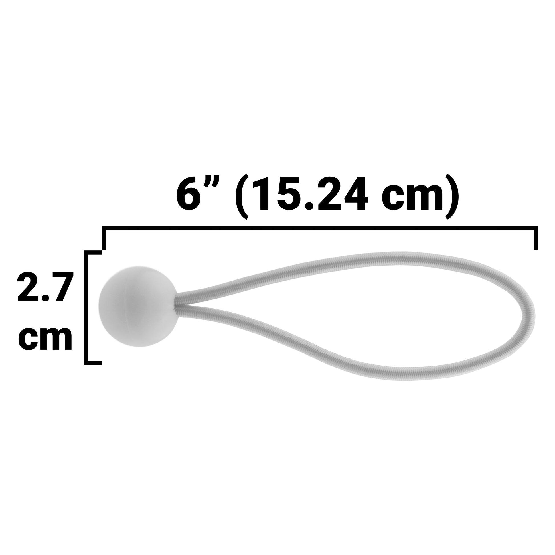 Bungee cord with 6" overall length; 2.7 cm ball size diagram