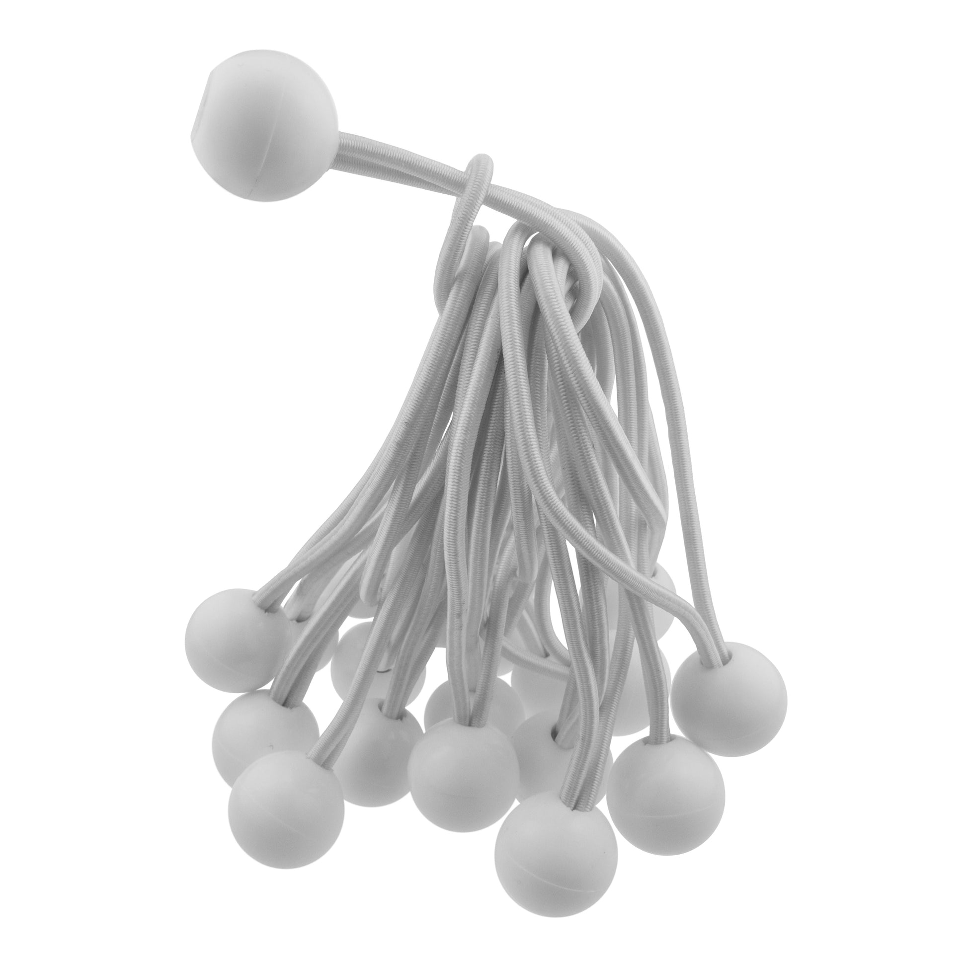 White 6-inch bungee balls with elastic cords fanned out