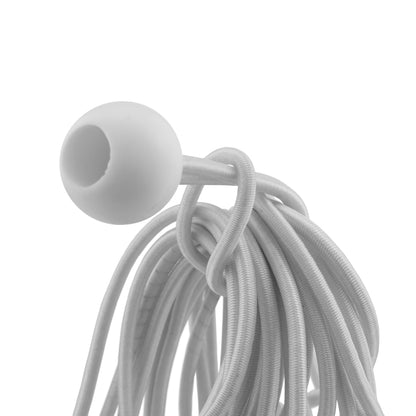 White 6-inch bungee ball with tight coiled elastic cord bunch