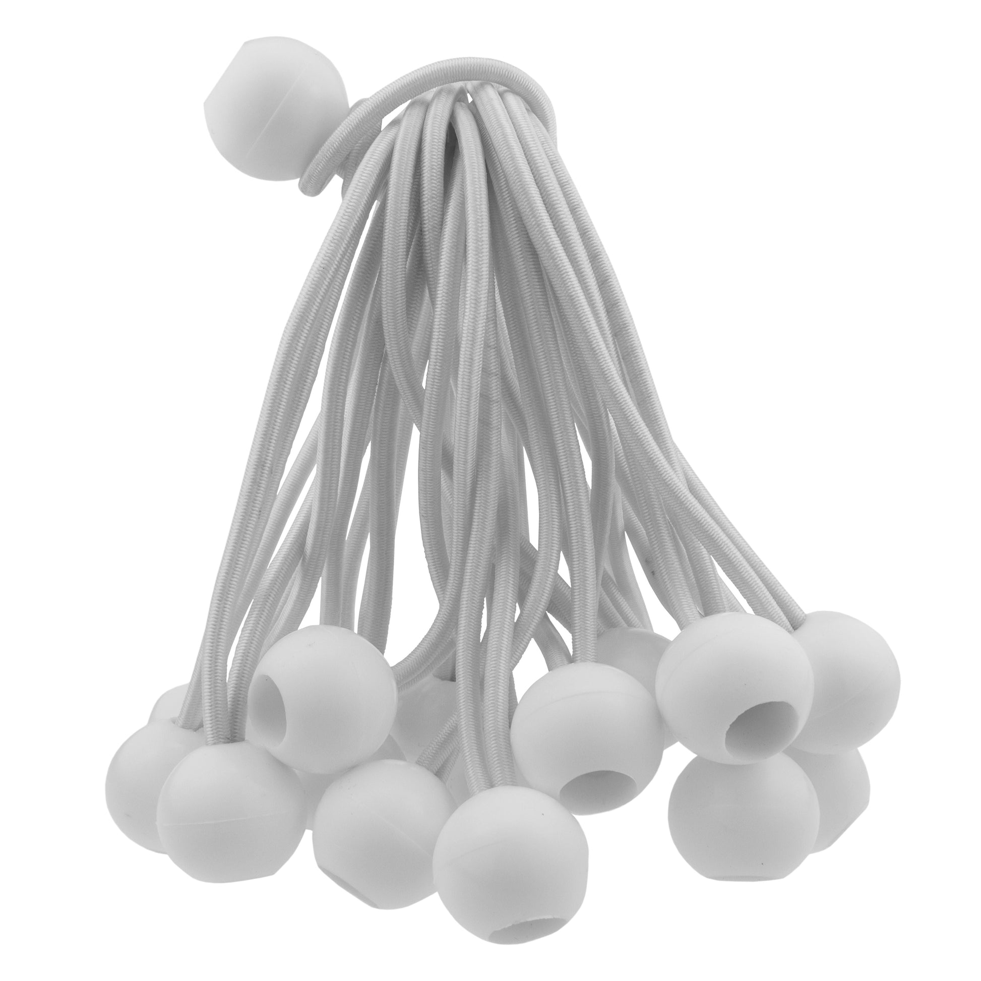 White bungee balls on braided elastic cords, multiple balls visible