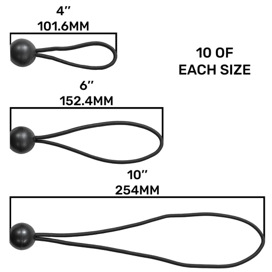 Black bungee ball pack: 4", 6", 10" lengths, 30 balls total.