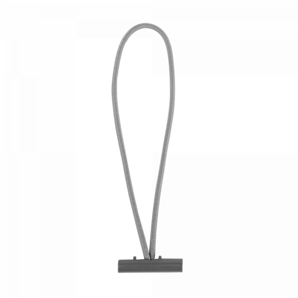 Bungee cord with T-bar, grey elastic strap with black T-bar end.