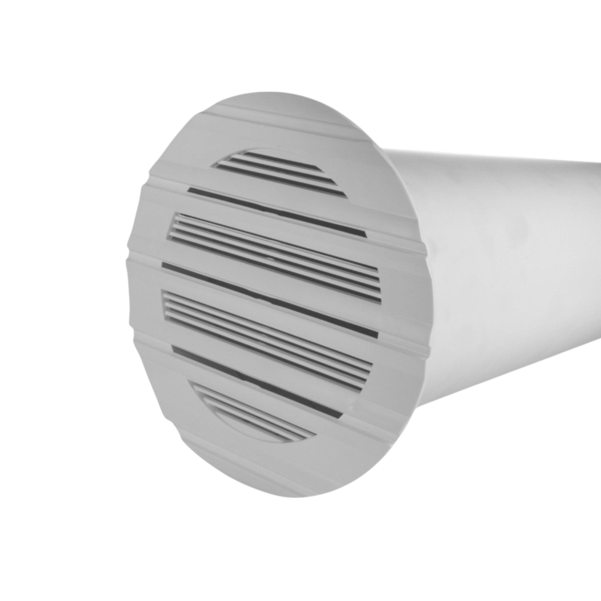 White circular external vent with horizontal louvered grille for wall ventilation