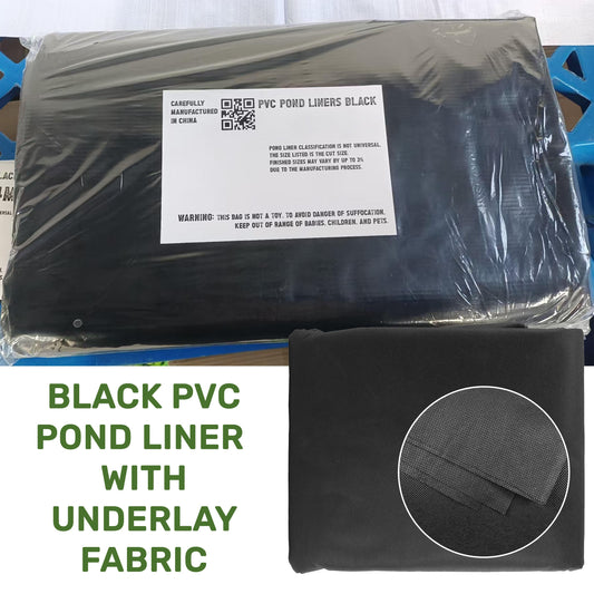 Black PVC pond liner with underlay fabric, packaged and labeled