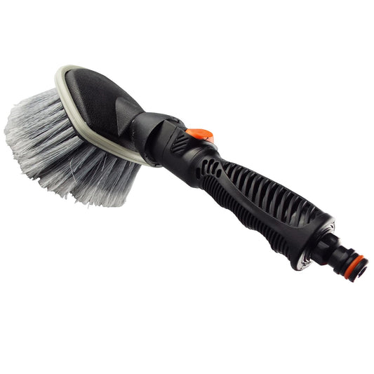 Car wheel round brush with black grip, soft gray bristles and orange control ring