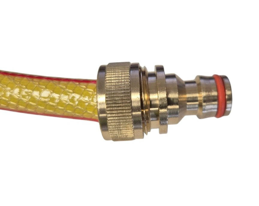 Quick connector with ridged metal sleeve and hose barb, red seal ring at tip