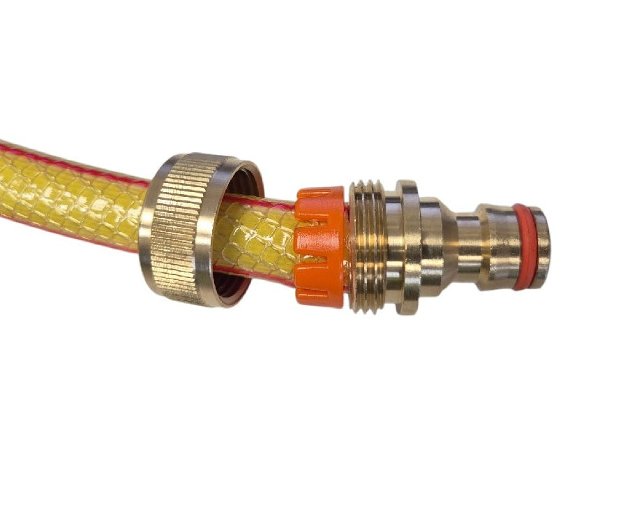 Quick connector attached to hose: yellow mesh hose, orange latch, red seal