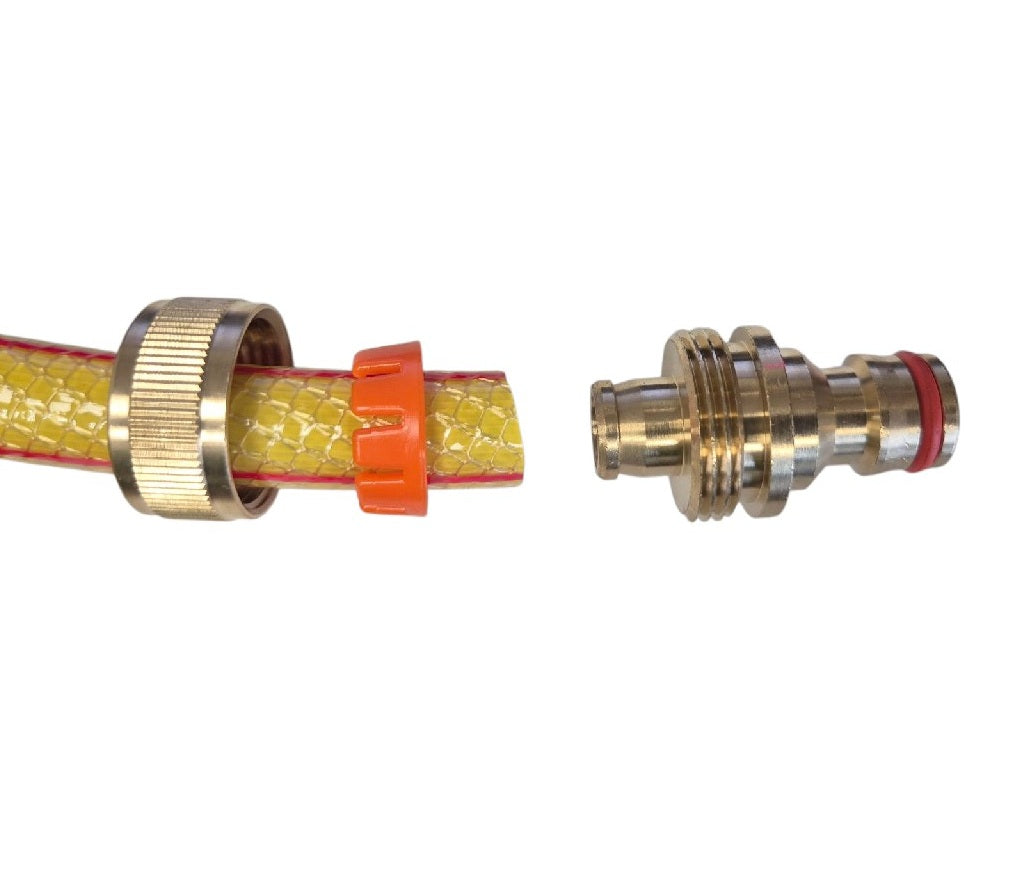 Quick connector assembly: yellow mesh hose, orange latch, metal nipple end