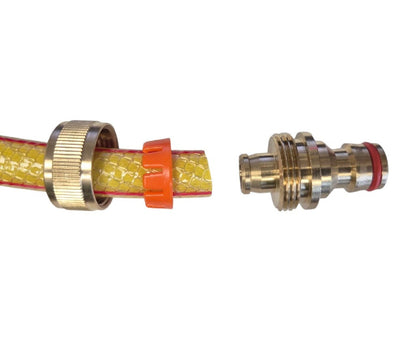 Quick connector assembly: yellow mesh hose, orange latch, metal nipple end