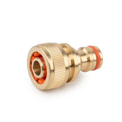 Male nipple quick connector, brass-colored coupler with red O-ring seal