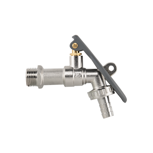 Lever tap inlet 1/2" BSPM, nickel-plated brass with hose barb and lever