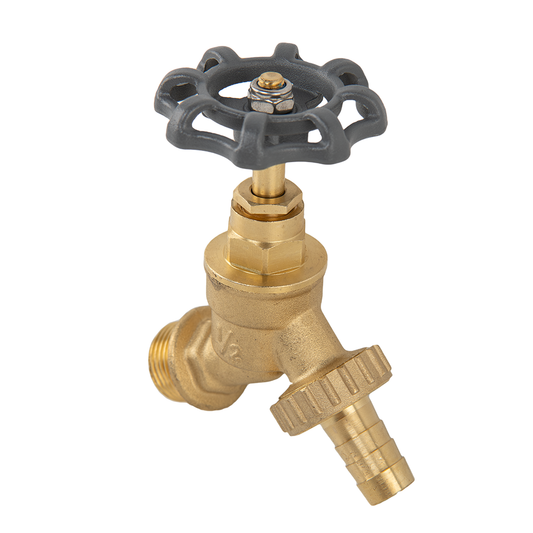 Brass garden bib tap, 1/2" BSP inlet & 3/4" outlet, 1/2" hose barb, round handle
