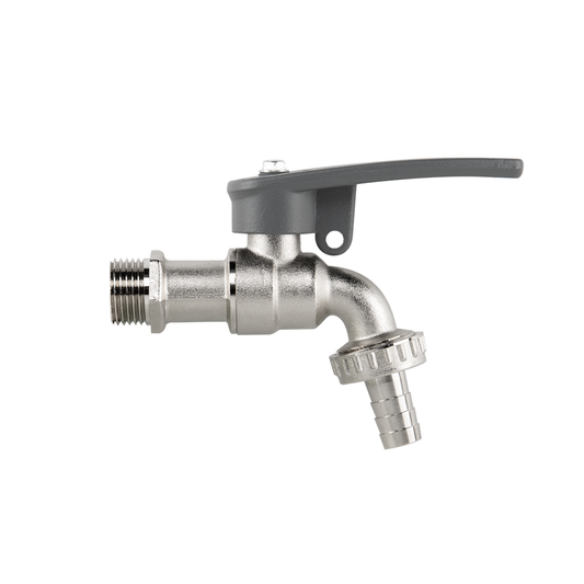 1/2" BSPM brass lever tap inlet, hose barb and side lock, nickel plated body