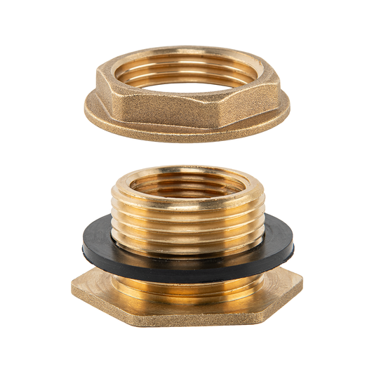 Brass water butt adapter: 1.25" BSP male, 1" BSP female, black seal