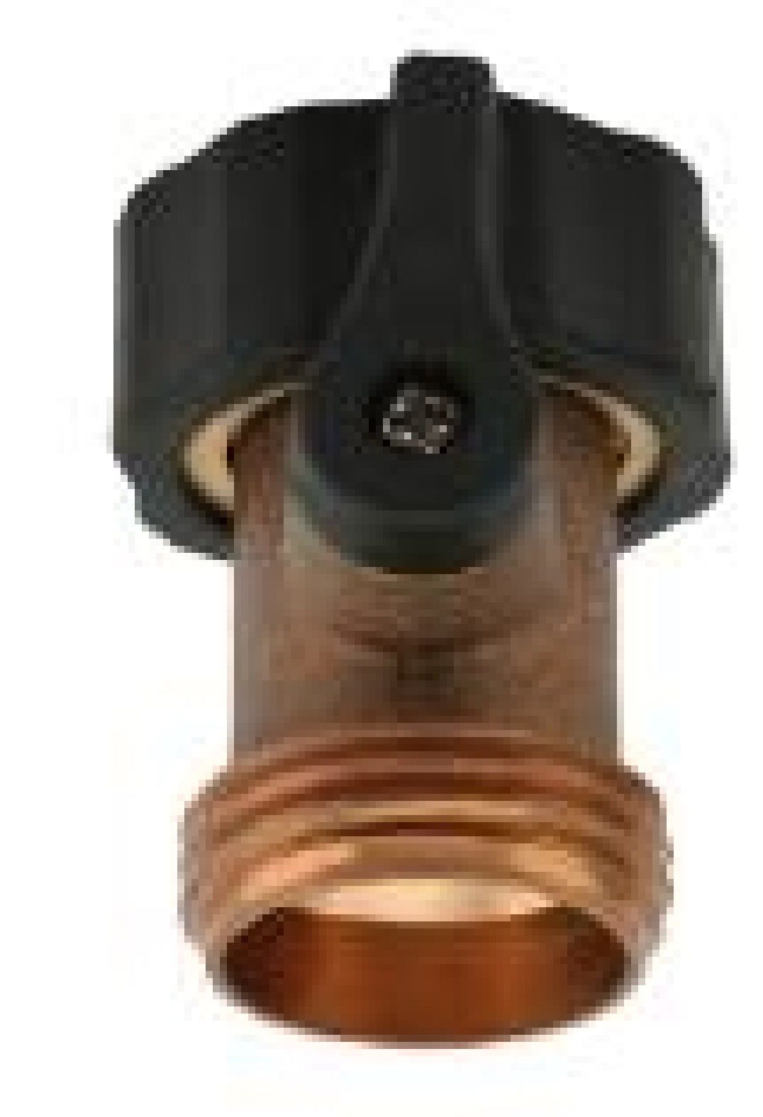 Brass in-line valve ¾" BSPF-M close-up of black top handle and brass outlet