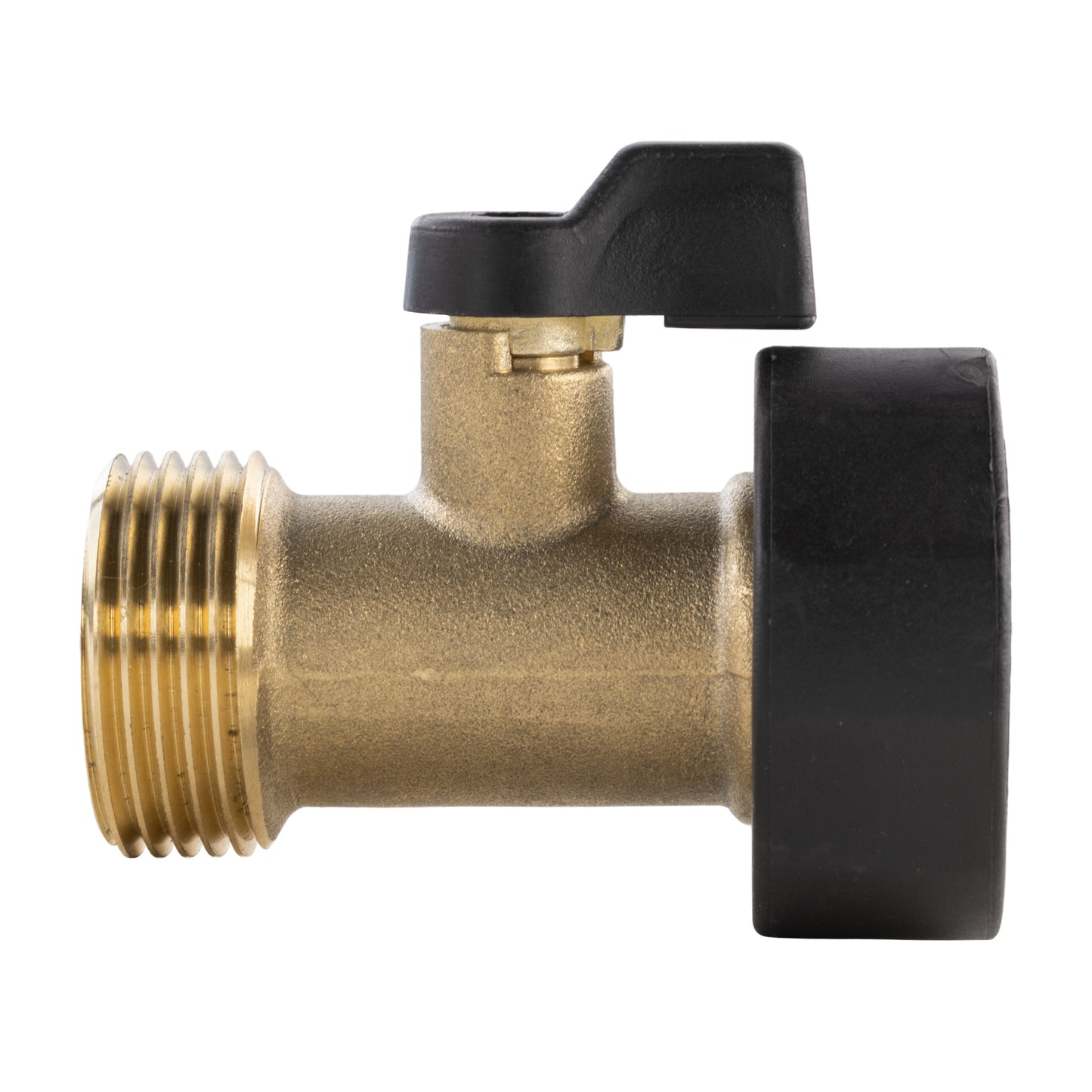Brass in-line valve ¾" BSPF-M, black knob on body, side threaded connection