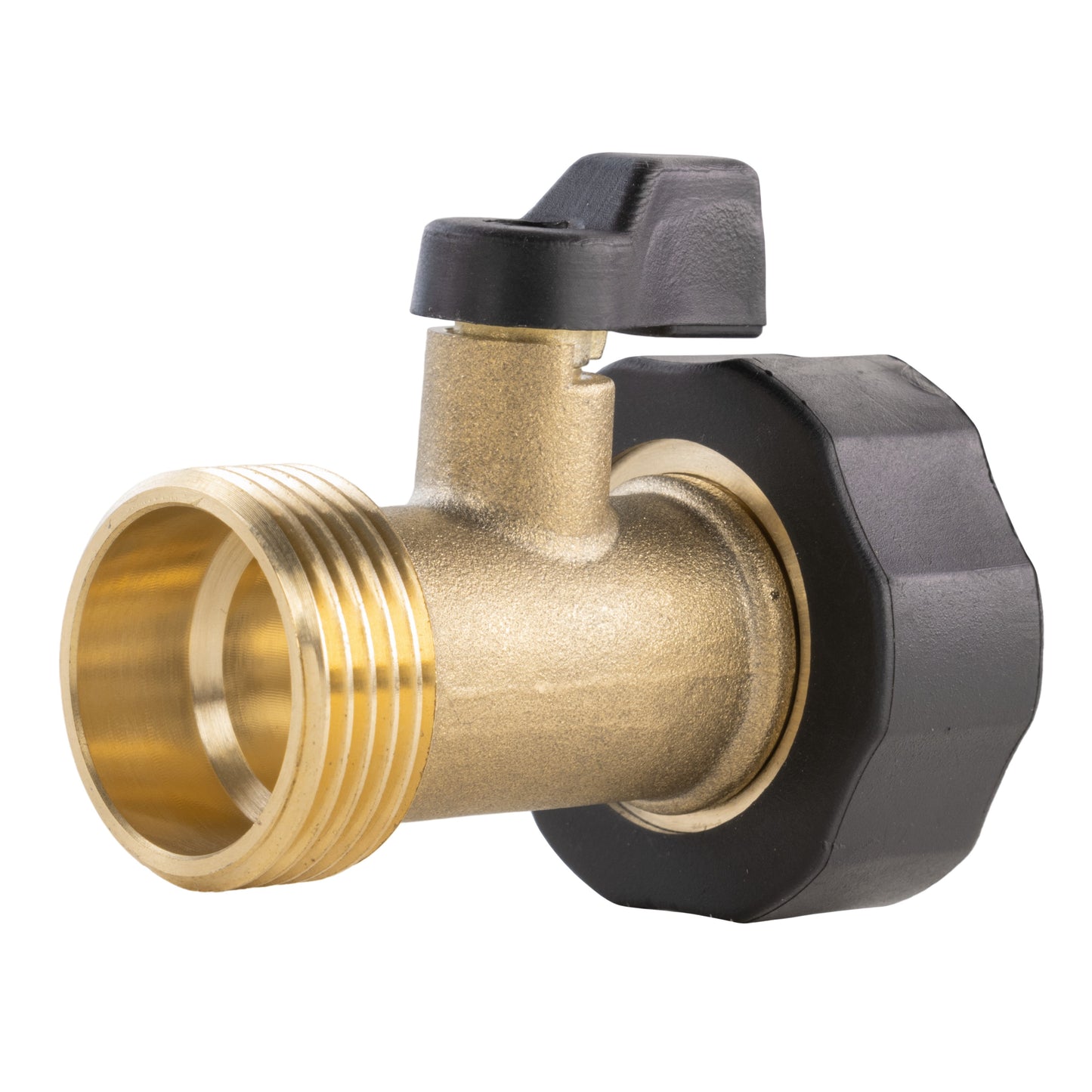 Brass in-line valve ¾" BSPF-M with black handwheel and threaded inlet