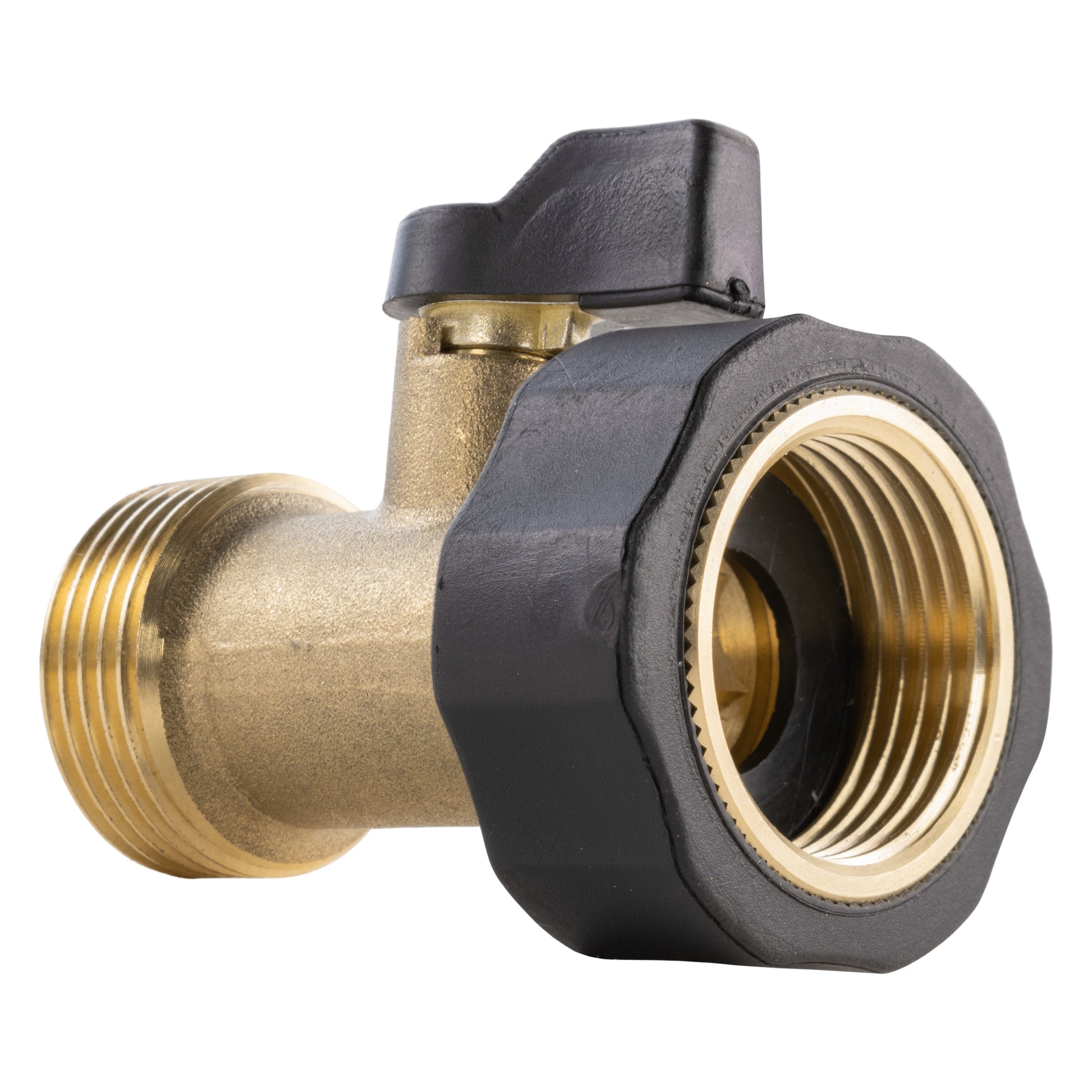 Brass in-line valve ¾" BSPF-M, side view with threaded port and visible inner bore