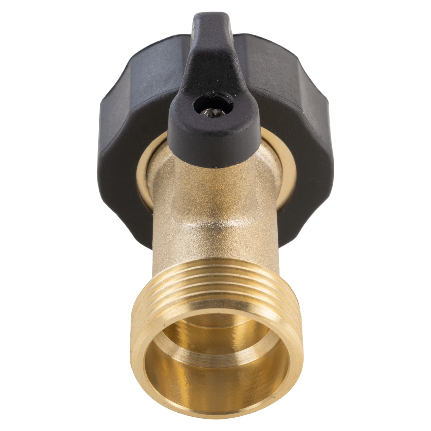 Brass in-line valve ¾" BSPF-M with black handle and female-threaded outlet