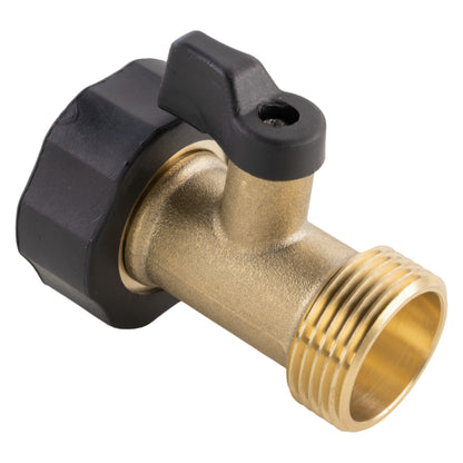 Brass in-line valve ¾" BSPF-M, black lever over brass body, threaded outlet end