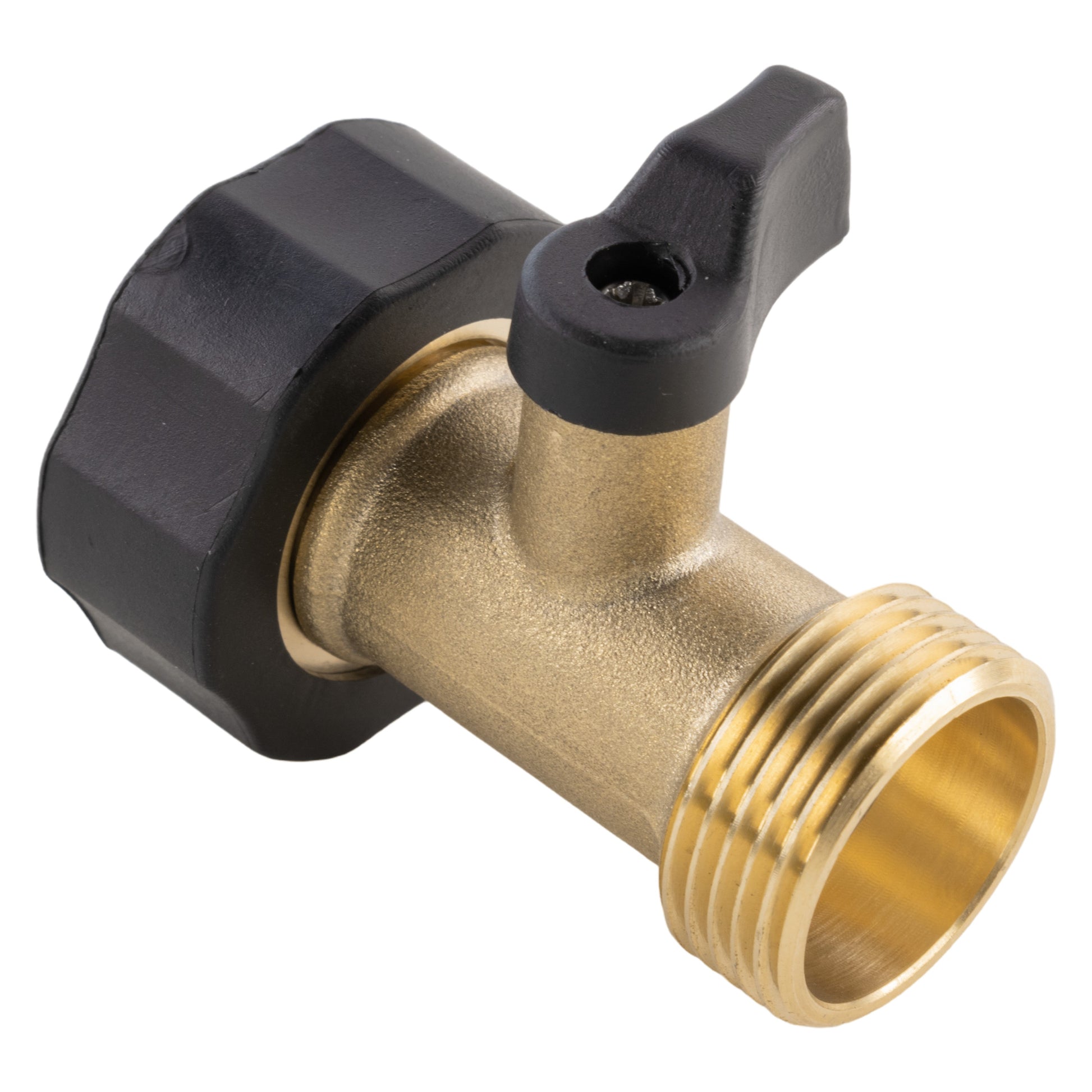 Brass in-line valve ¾" BSPF-M, black lever and brass threaded outlet connection