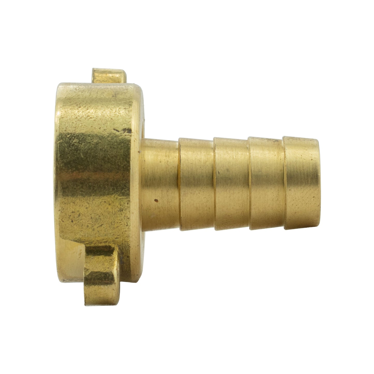 Brass 1/2in BSPF to 13mm adapter, side view of barbed threads and hex ends
