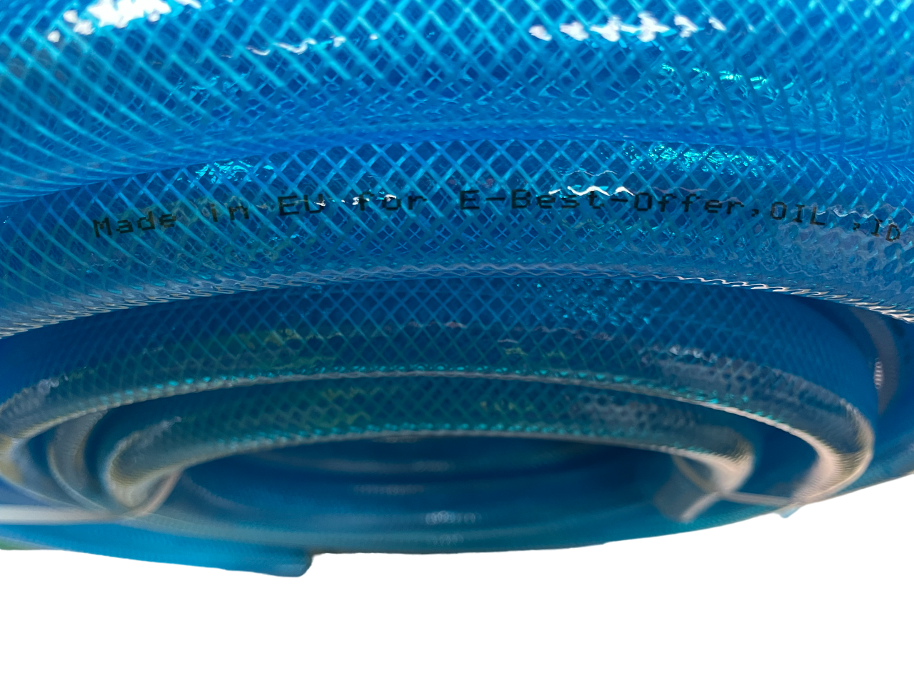 Geöffnete Schlauchenden eines geflochtenen Kraftstoffschlauchs, blau transparent, 25 mm*2,6 mm
