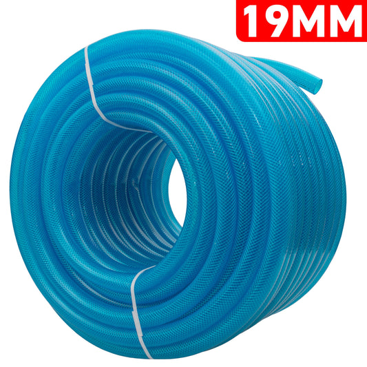 Blue braided fuel hose, transparent PVC, 19mm inner diameter, coiled on spool
