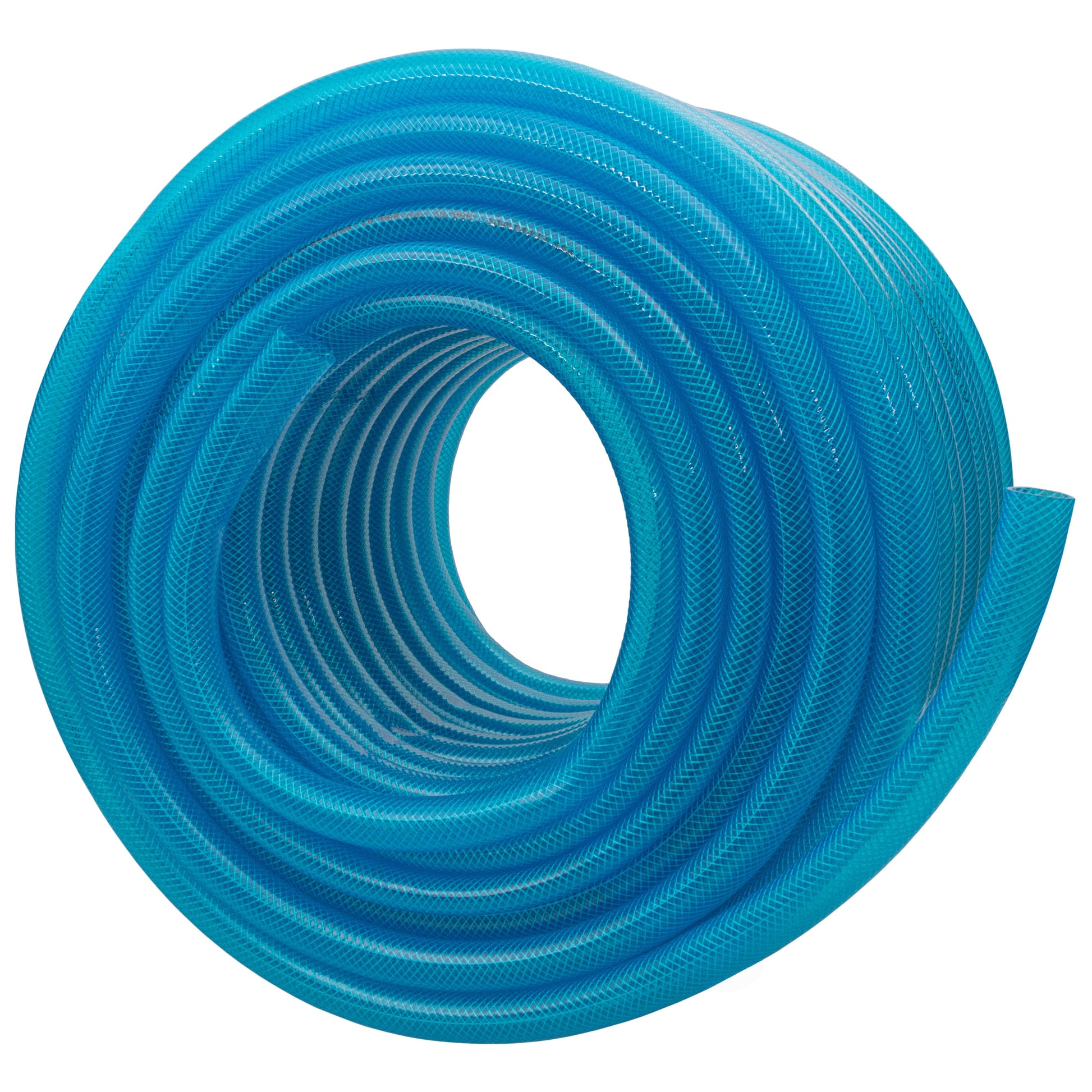 Braided blue transparent PVC fuel hose roll, open center with coiled tubing