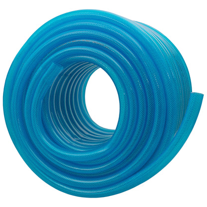 Braided blue transparent PVC fuel hose roll, open center with coiled tubing