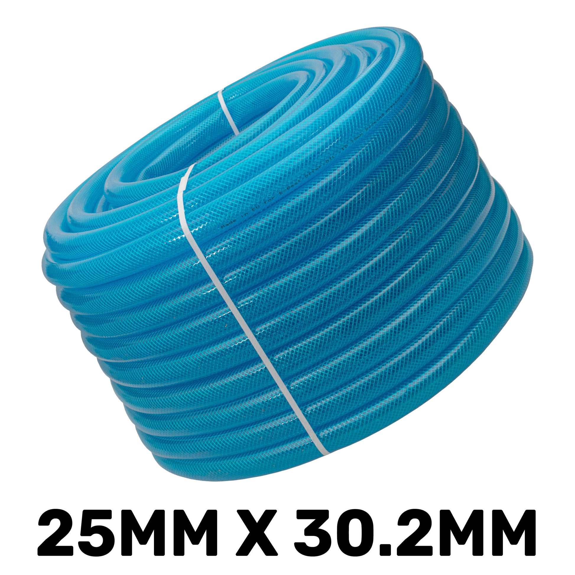 Braided fuel hose coil, blue transparent PVC, 25mm x 30.2mm size