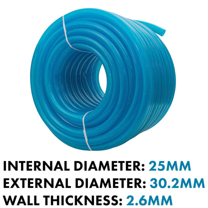 Coiled blue braided fuel hose, transparent PVC tubing, 25mm inside diameter