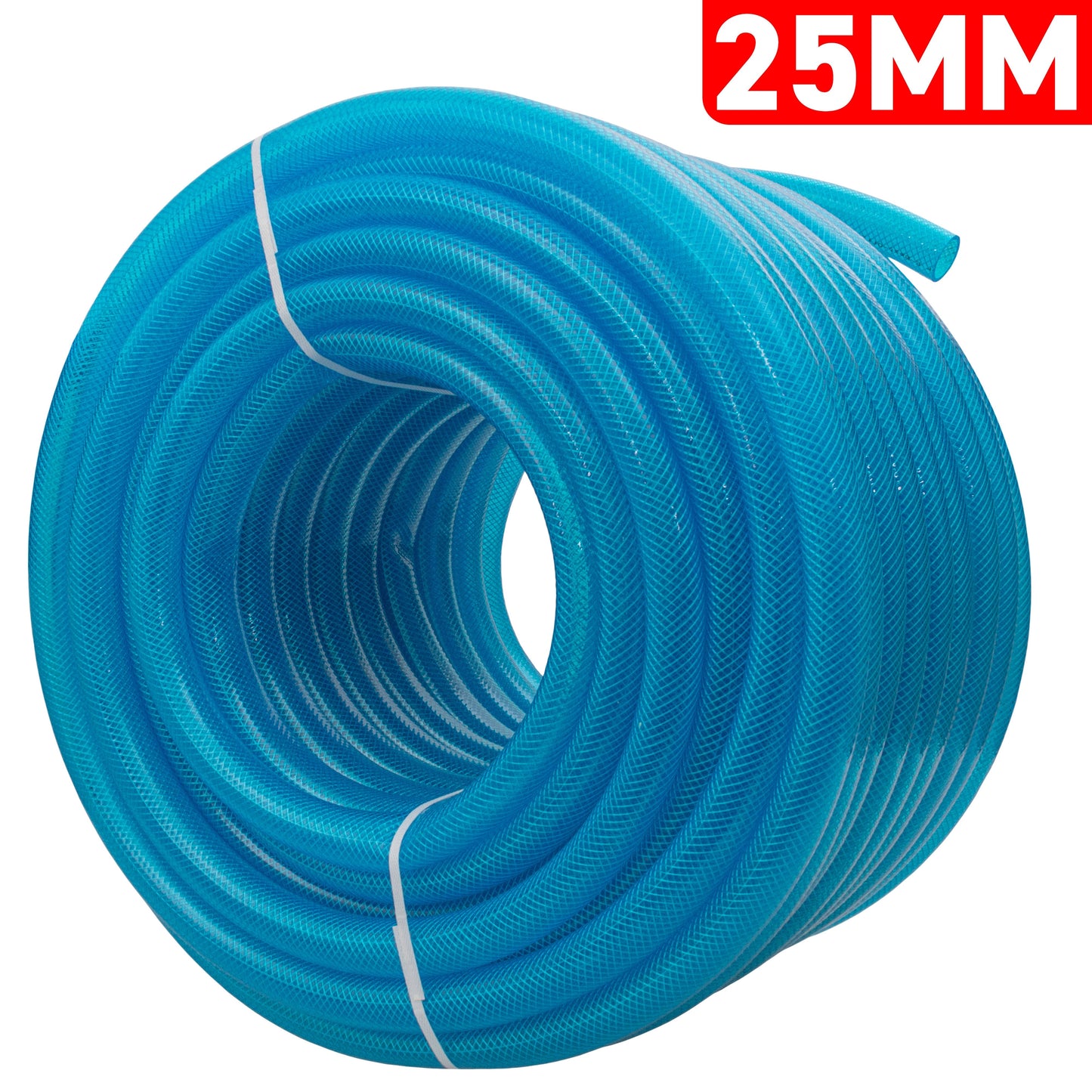 Braided fuel hose in blue transparent PVC, coiled, 25mm inner diameter, 2.6mm wall
