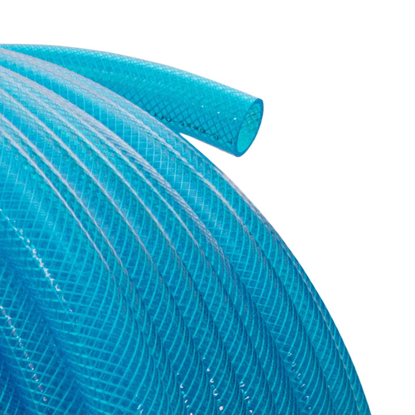 Braided blue transparent PVC fuel hose end, mesh pattern and opening visible