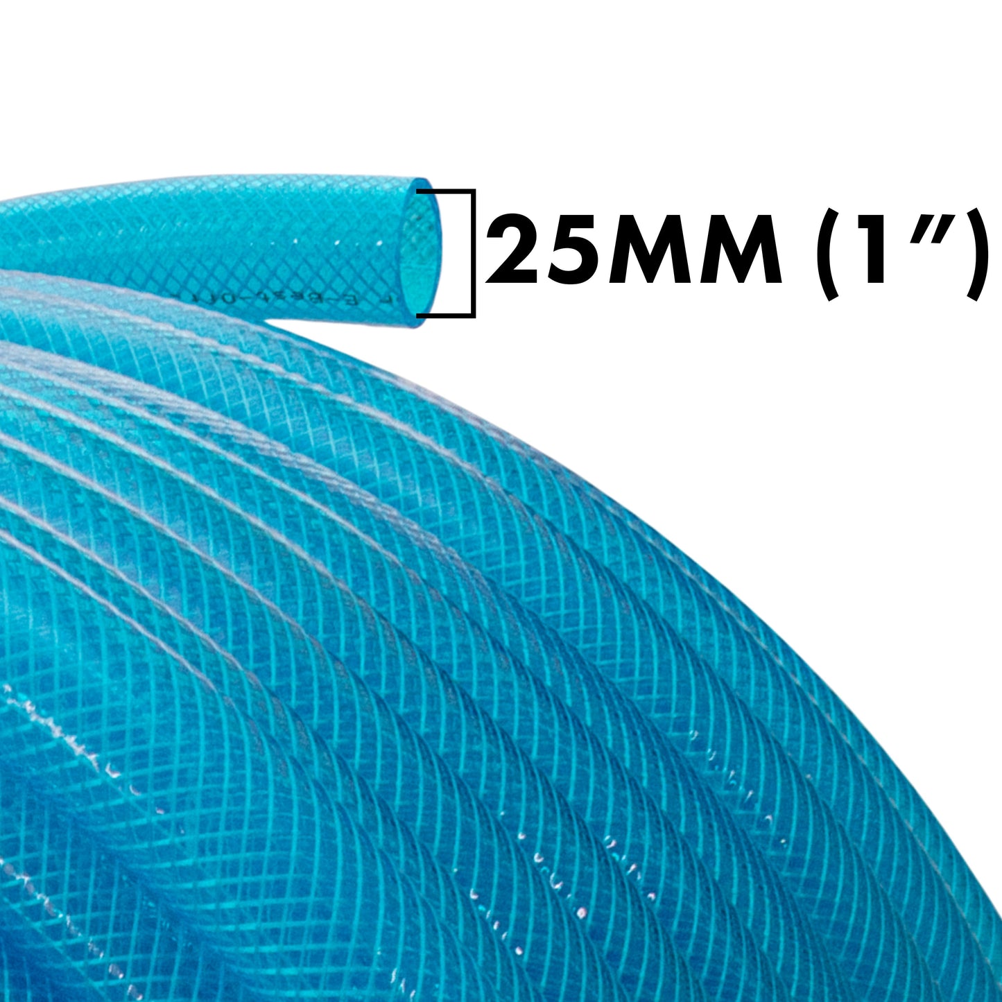 Braided transparent PVC fuel hose, blue, 25mm diameter, mesh texture close-up