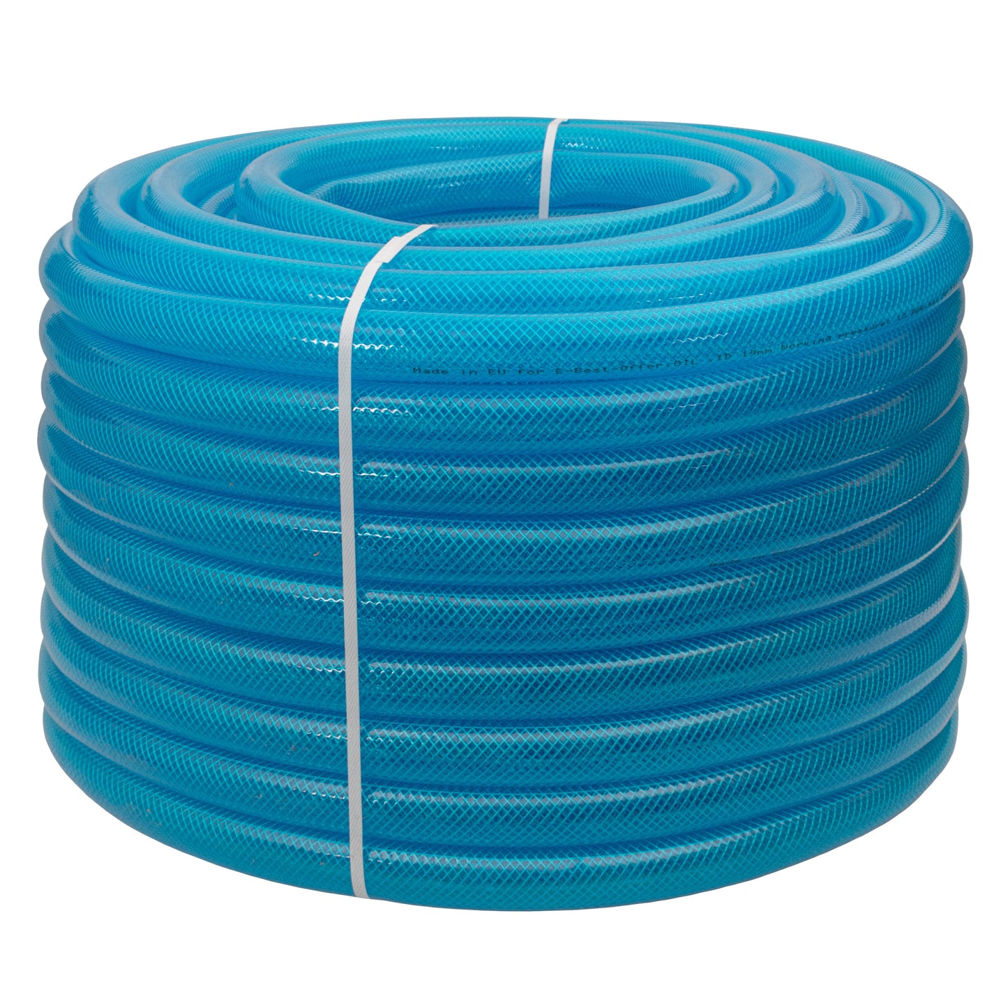 Braided fuel hose coil, blue transparent PVC, neatly wound with white tie band