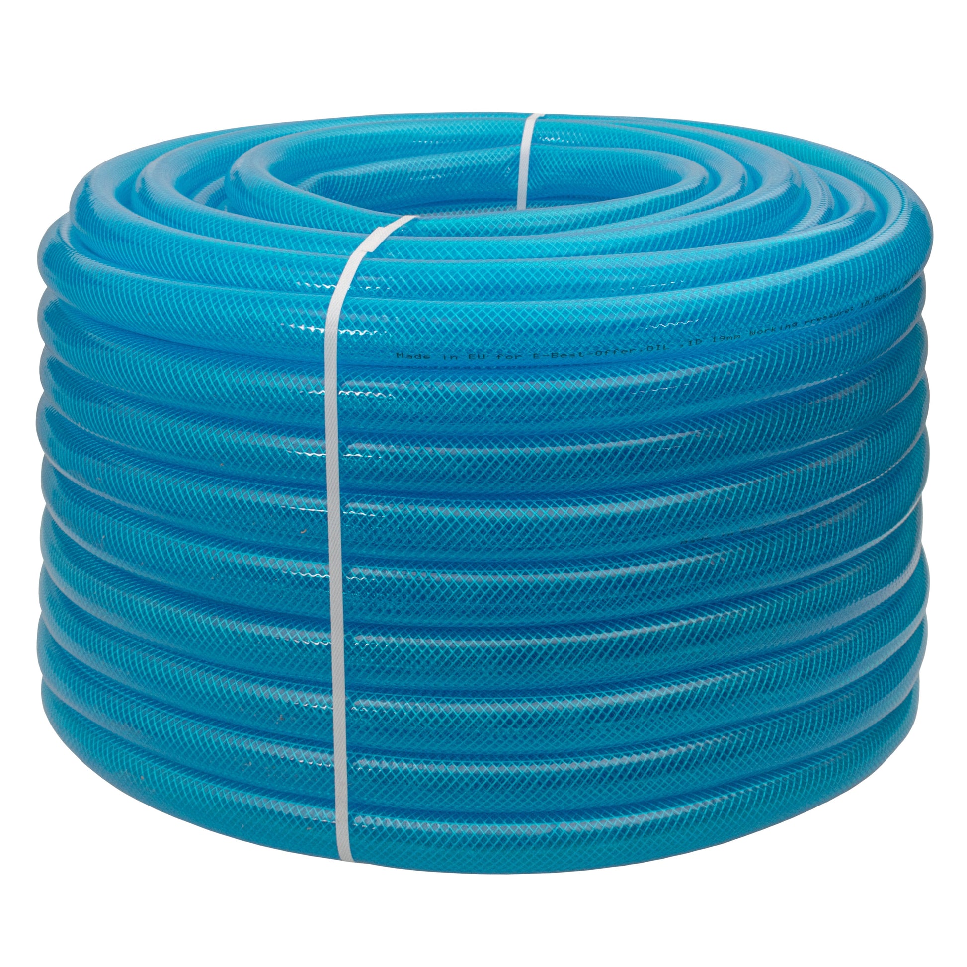 Braided fuel hose coil, blue transparent PVC, neatly wound with white tie band