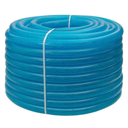 Braided fuel hose coil, blue transparent PVC, neatly wound with white tie band
