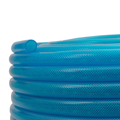 Geflochtener Kraftstoffschlauch blau transparent, eingerollt mit Schlaufe, 25 mm*2,6 mm