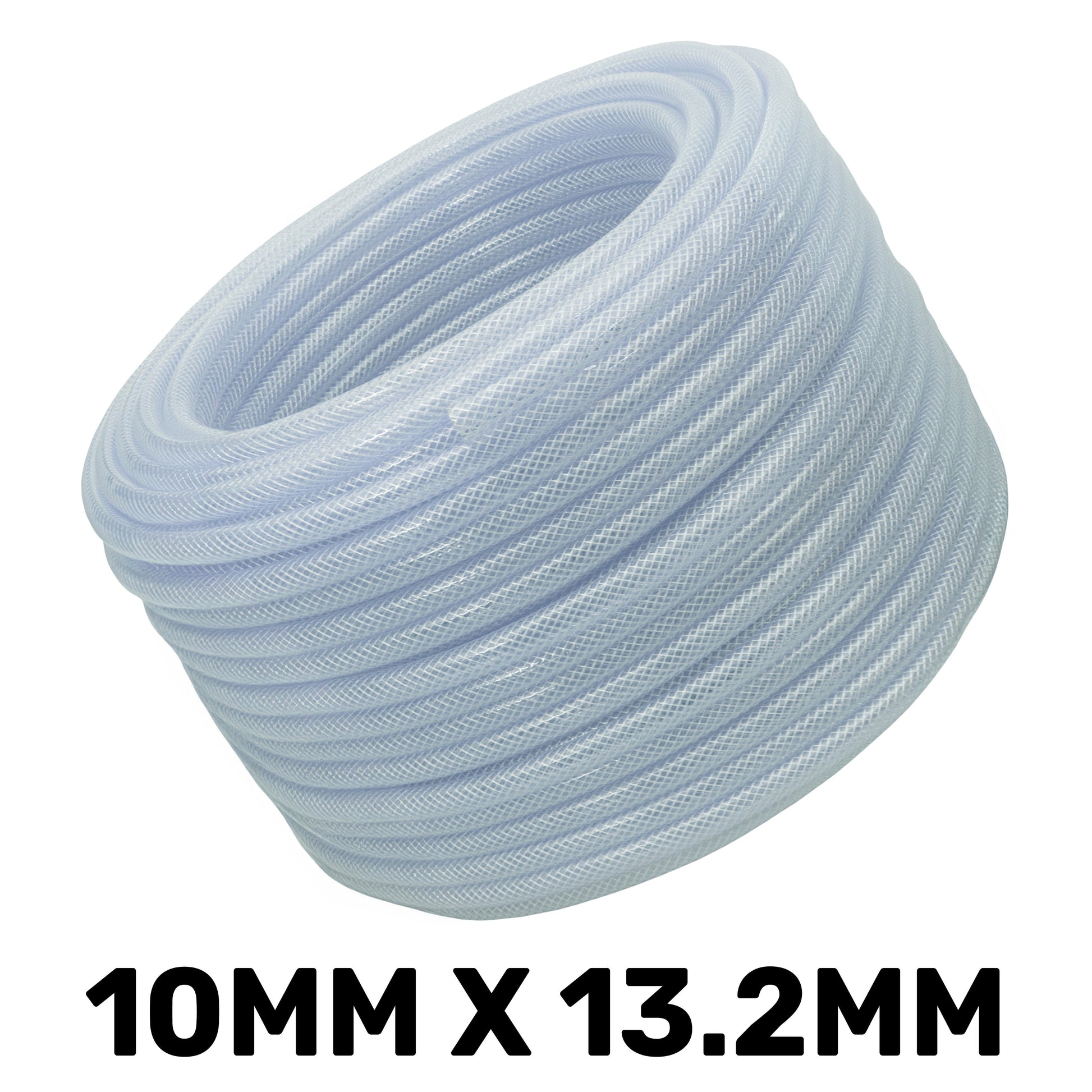 Clear braided PVC pipe coil, 10mm x 13.2mm external diameter, 1.6mm wall