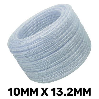 Clear braided PVC pipe coil, 10mm x 13.2mm external diameter, 1.6mm wall