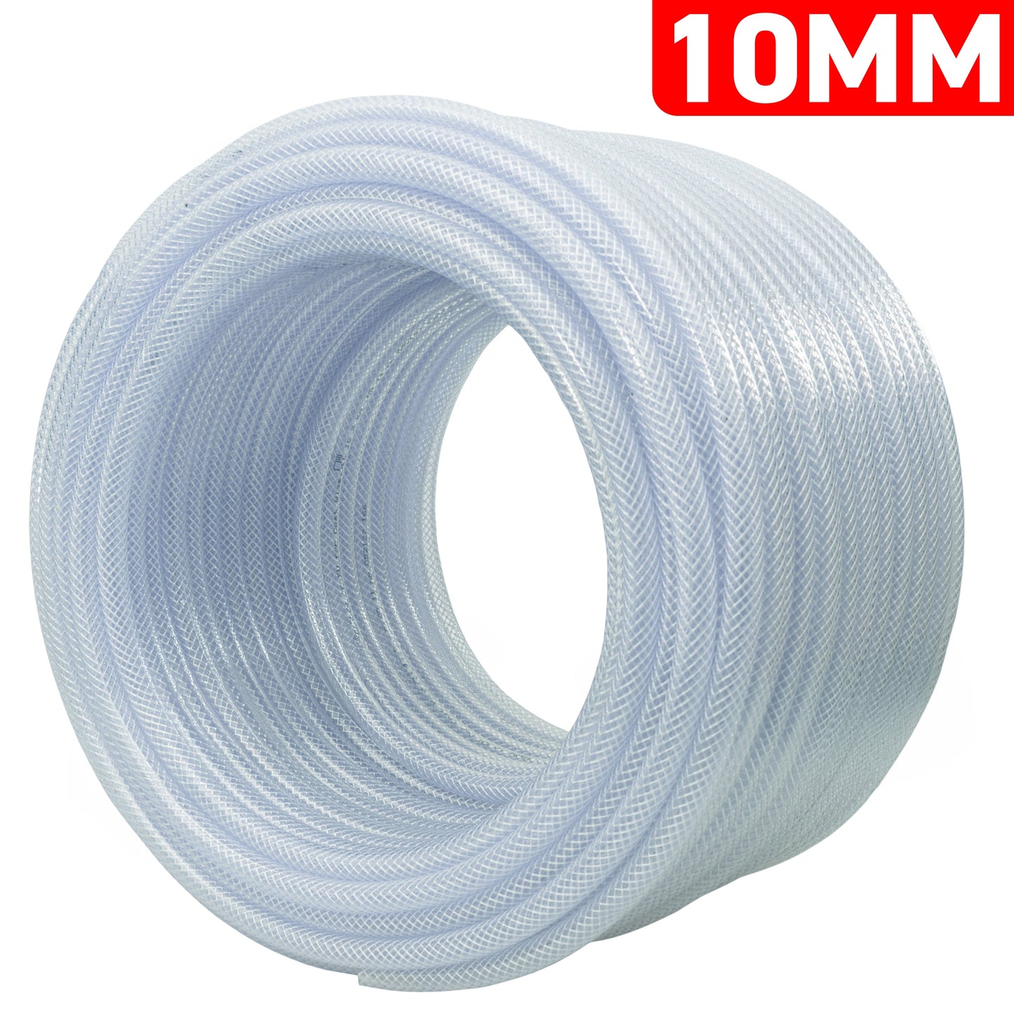 Clear braided PVC pipe coil, 10mm x 1.6mm wall thickness