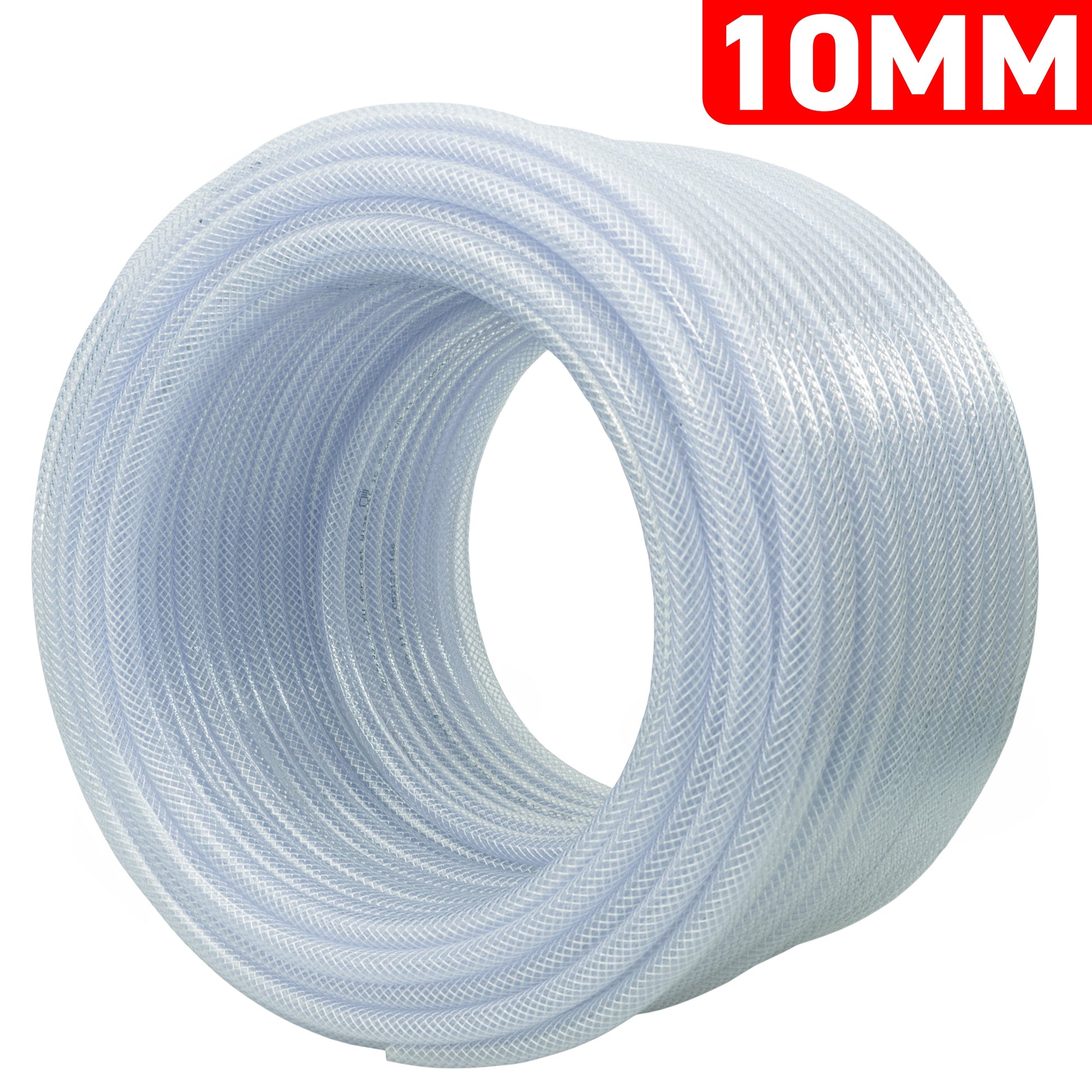 Clear braided PVC pipe coil, 10mm x 1.6mm wall thickness