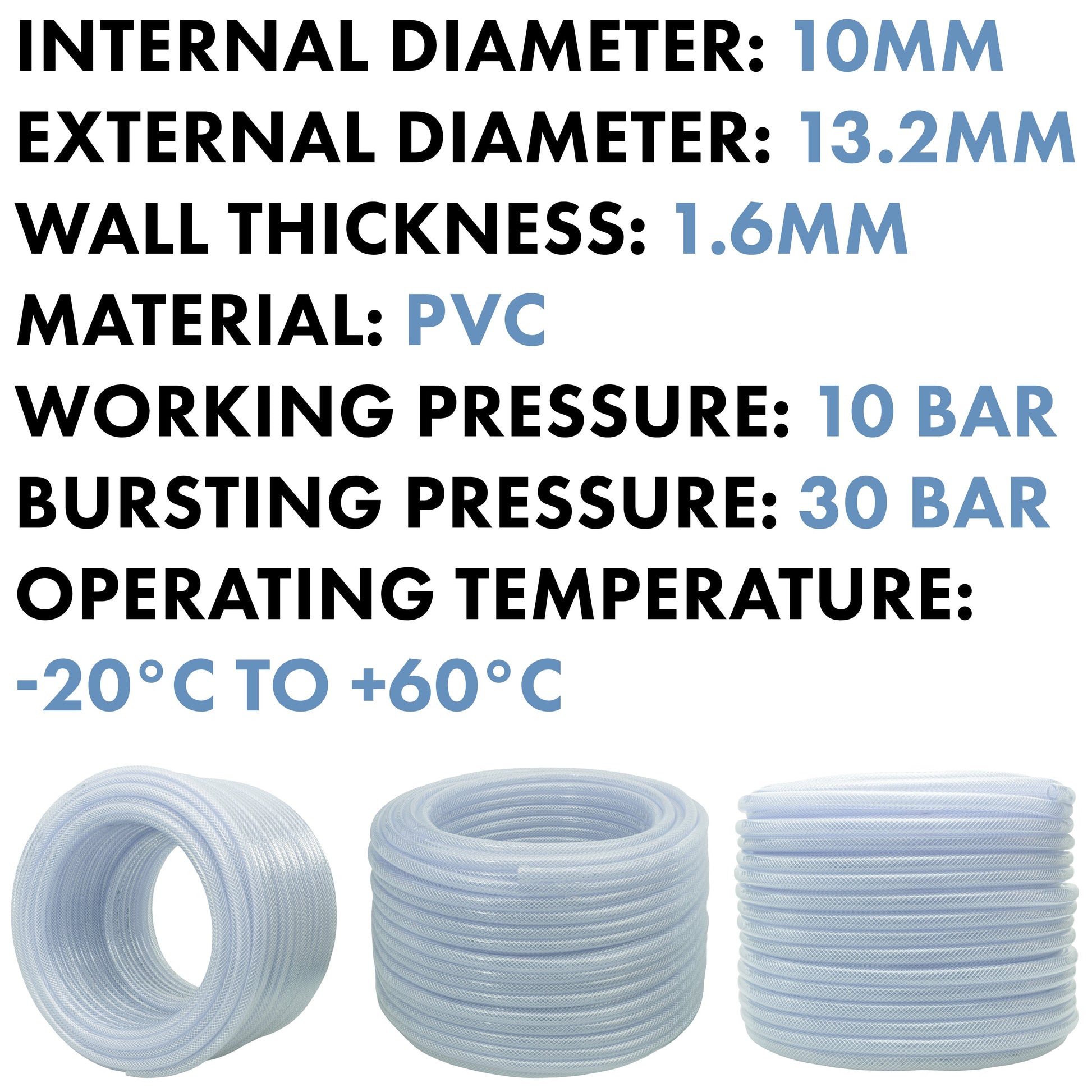 Clear braided PVC pipe showing internal diameter 10mm and wall thickness 1.6mm