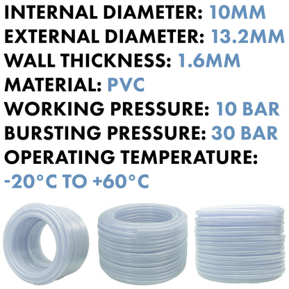 Clear braided PVC pipe showing internal diameter 10mm and wall thickness 1.6mm