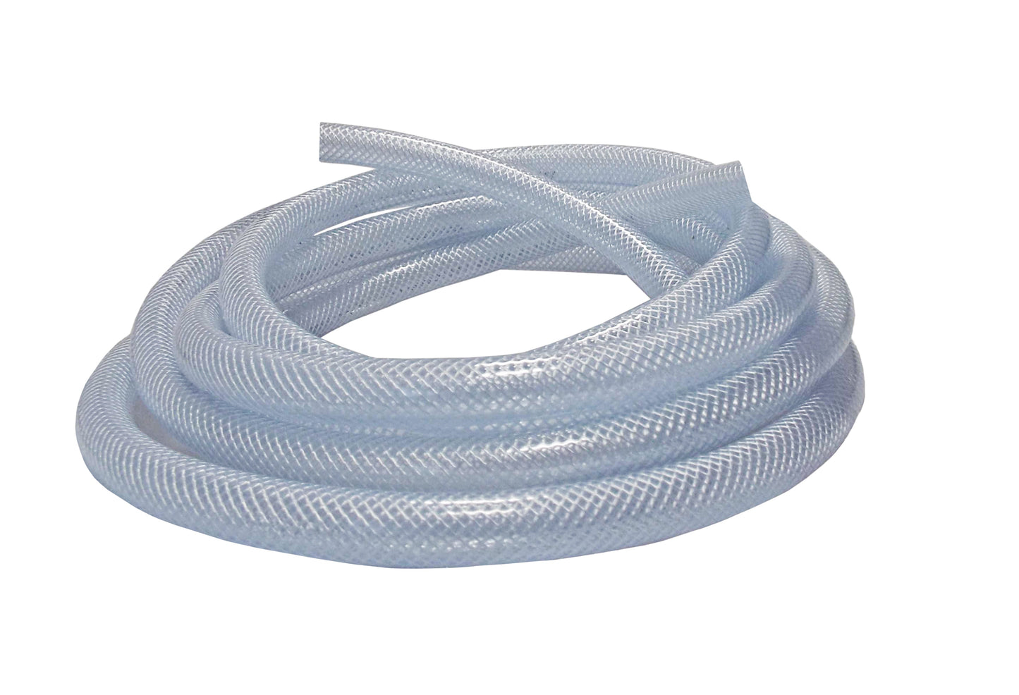 Clear braided PVC pipe coil bundle, loops stacked with mesh weave