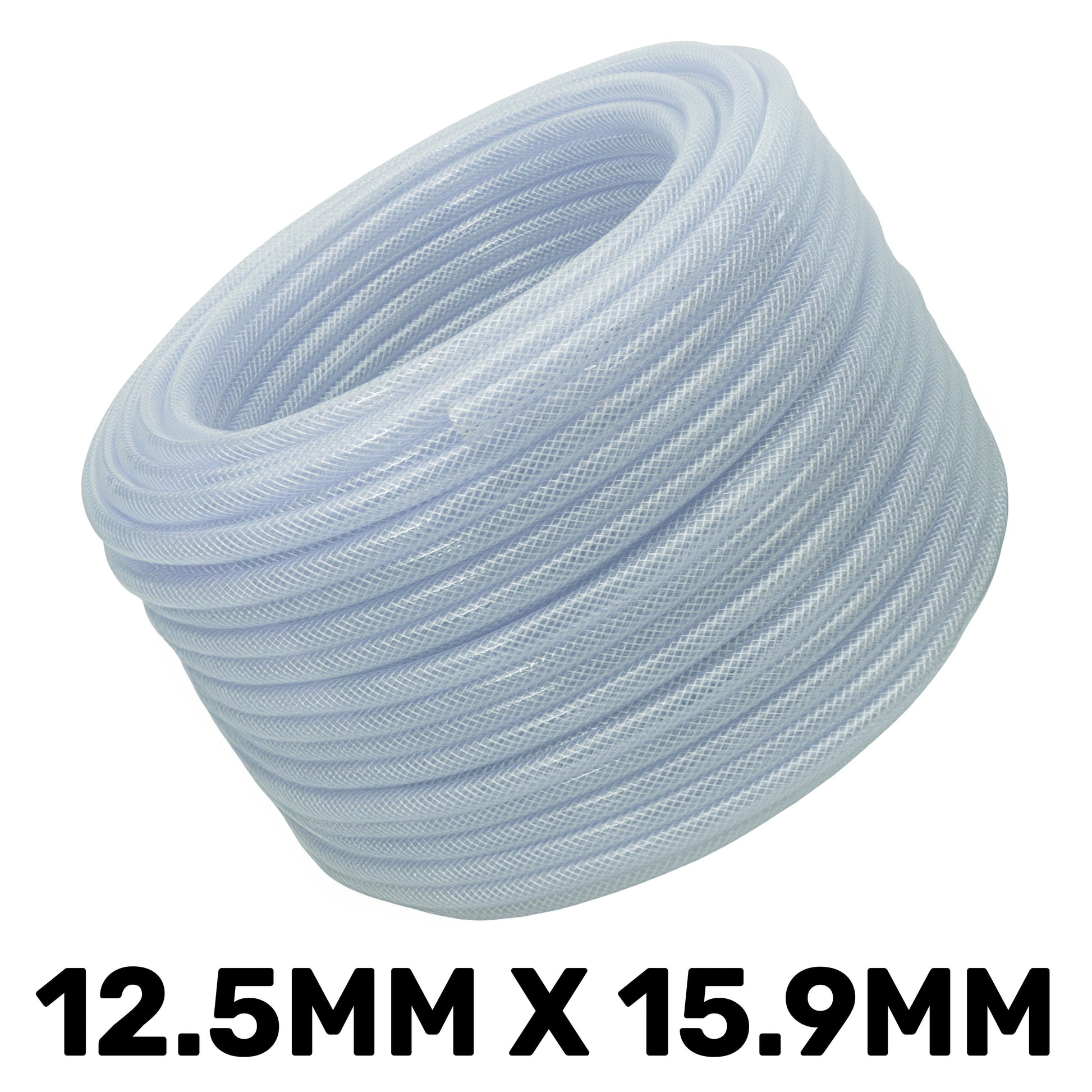 Clear braided PVC pipe coil, 12.5mm x 15.9mm size label, transparent light blue